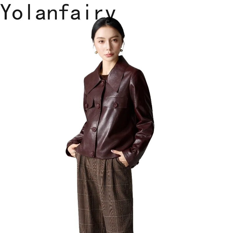 YOLANFAIRY Fashion 2026 Classic 100% Real Leather Jacket Women High Quality Waxed Sheepskin Genuine Leather Coat Short 여성양가죽자켓