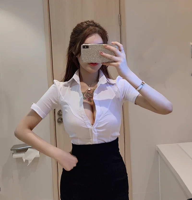 Women\'s White Mini Shirt, V-Neck Shirts, Slim Uniform, Gothic Tops, Sexy Club Blouses, Temperament, New, Summer