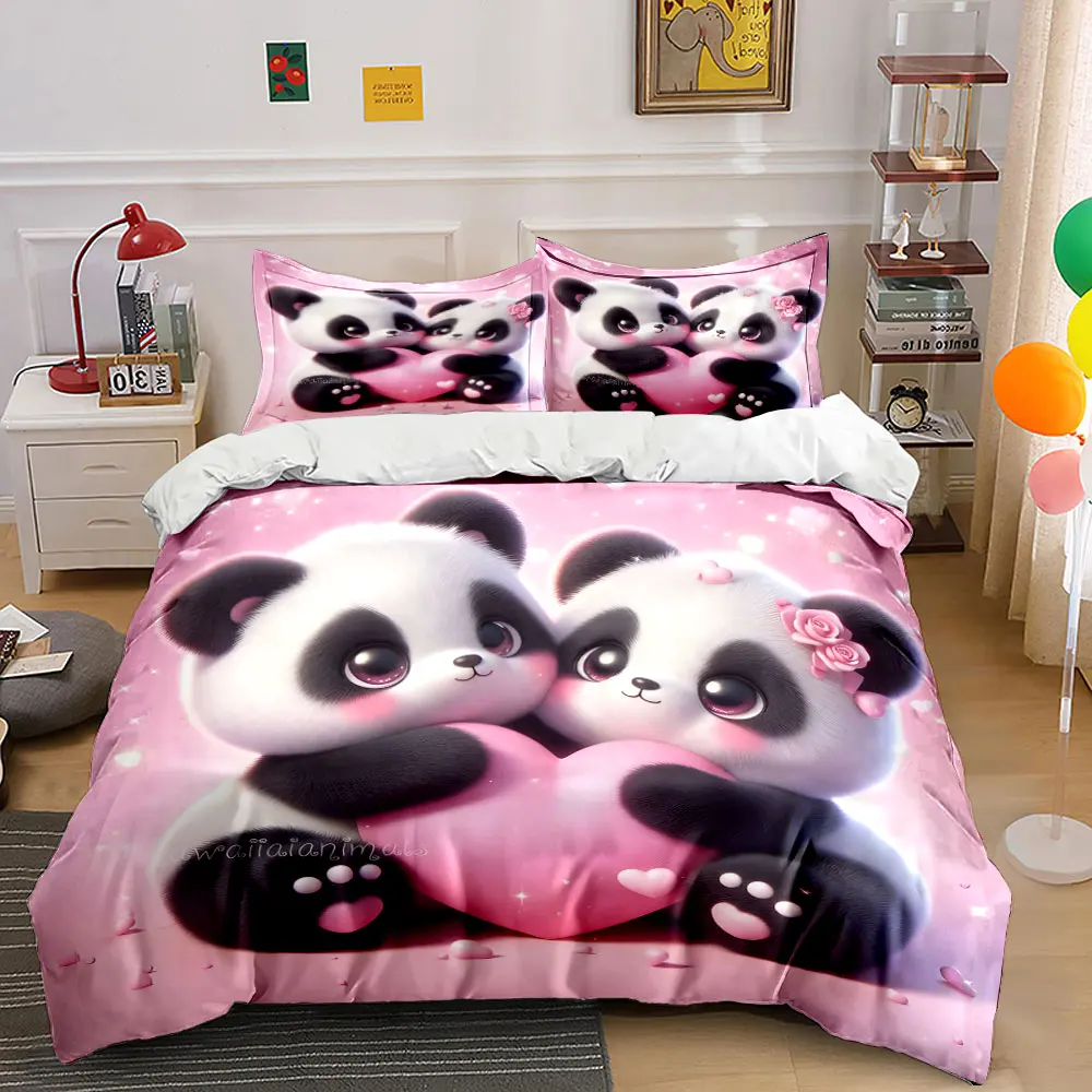 3pcs Cute pandas hugging pink heart Duvet Cover Set with 3D Printing Design Soft Polyester Bedding Set All-Season Comfort