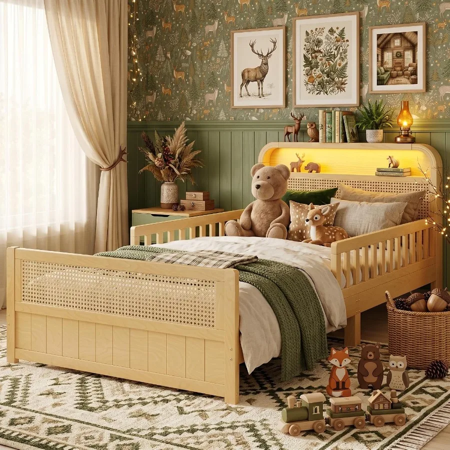 Bed Frame Rattan Headboard Footboard White LED Lights Storage Safety Guardrails No Box Spring Needed