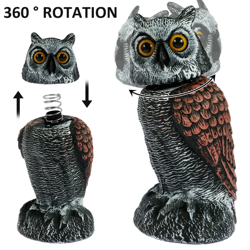 Owl Scare Bird Control Devices with 360° Swivel Head Waterproof Fake Owl Scarecrow Decoy Lifelike Simulation Owl Bird Deterrent