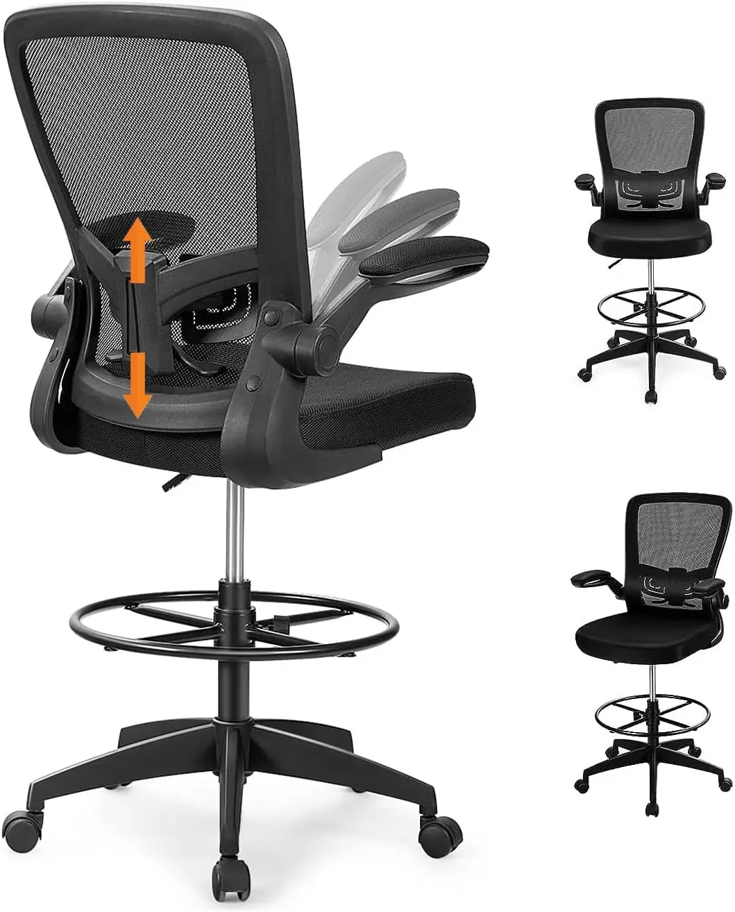 

Drafting chair, ergonomic, with adjustable lumbar support and footrest loop, standing desk chair with flip-up armrests