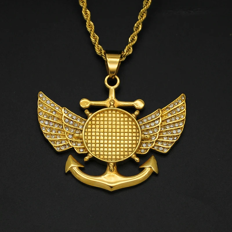 

Hip Hop Rhinestones Paved Bling Iced Out Solid Stainless Steel Angel Wing Anchor Rudder Pendants Neckalce for Men Rapper Jewelry