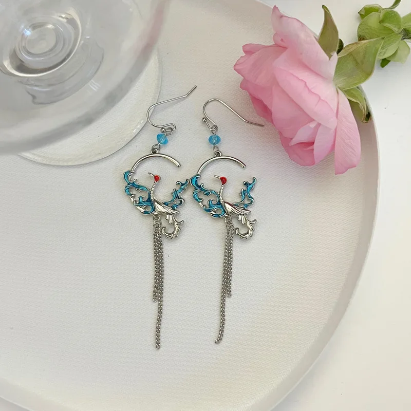 Vintage Enamel Crane Dangle Earrings for Women Chinese Style Crystal Fan Long Tassel Earring Temperament Party Jewelry Gift