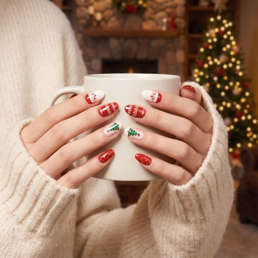 Nail Art Christmas Nail Sticker DIY UV Semi-cured Nail Decoration Stickers Self Adhesive Oval Press-On Manicure Stickers Girls