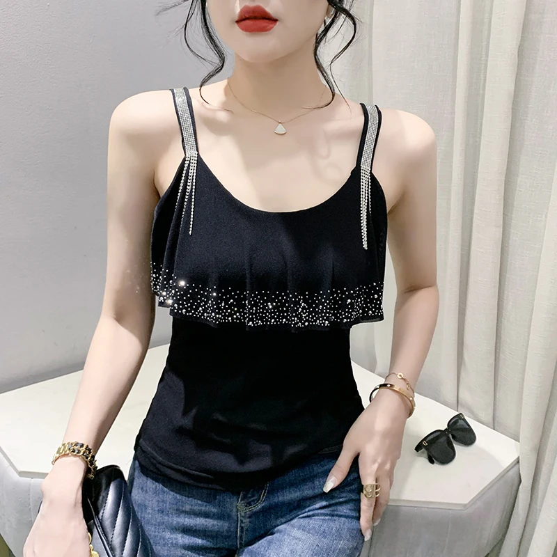 MadBlack Summer European Clothes Tank Tops Female Sexy Shiny Tassel Ruffle Hot Drill Chic Slim Camis Sleeveless Vests T36208JC