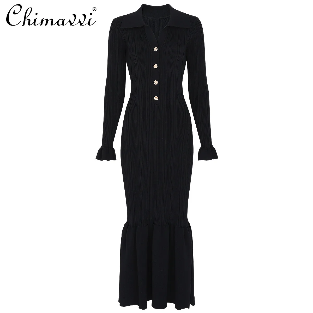 

Spring Autumn New High-end Fashion Long Sleeve Knitted Turn-down Collar Slim Fit Mermaid Dress Elegant Black Long Women's Dress
