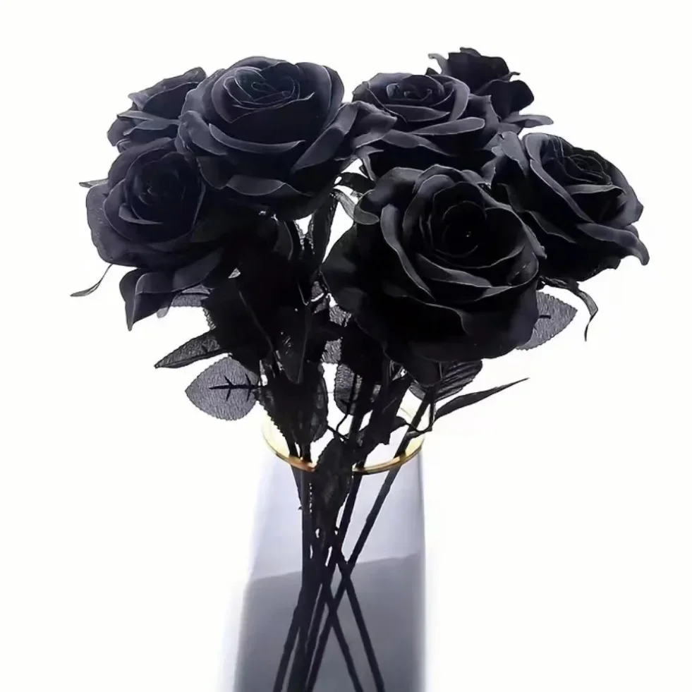 10Pcs 10cm Silk Black Rose Artificial Flower Head Bouquet Rose Dark Collection Party Decorative Arrangement