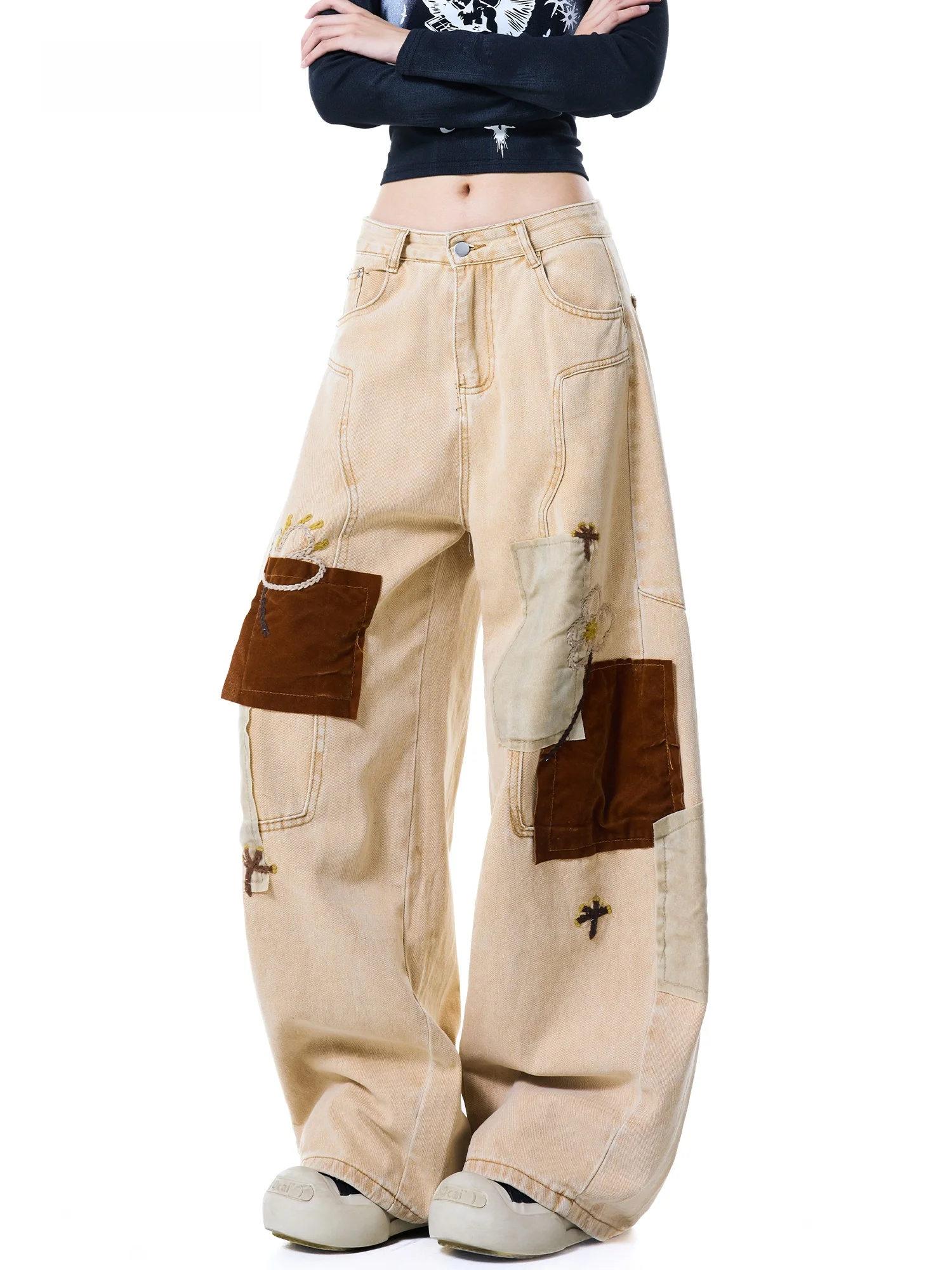 Retro Modern Patchwork Denim Pants Women's Loose Autumn Winter Splicing Workwear Trousers American Style Natural Waist Wide L...