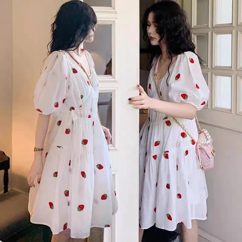 Spring Summer Strawberry Maternity Dress Woman Pregnancy Clothing Pregnant Clothes Female Embroidery Pattern Dress M-XXL