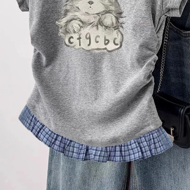 Cute Cat Printed Women Short Sleeve T-Shirt Stylish Plaid Spliced Cropped Tops Fashion Side Shirring Waist Tight Slimming Tees view 3