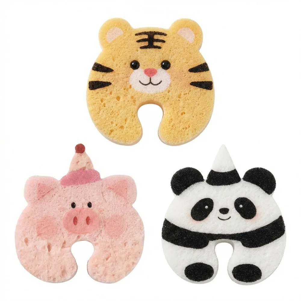 Panda/Tiger/Pig Shapes U-Shaped Groove Sponge Absorbent Space-saving Pot Scrubber Sponge Quick-dry Non-scratch