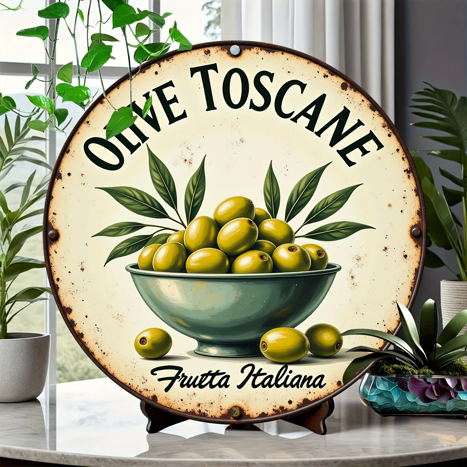 2D Flat, 1pc Italian Tuscan Olive Bowl Wall Decor - Vintage Round Metal Olive Dish, Scratch/UV/Flame-Resistant Suitable for Home