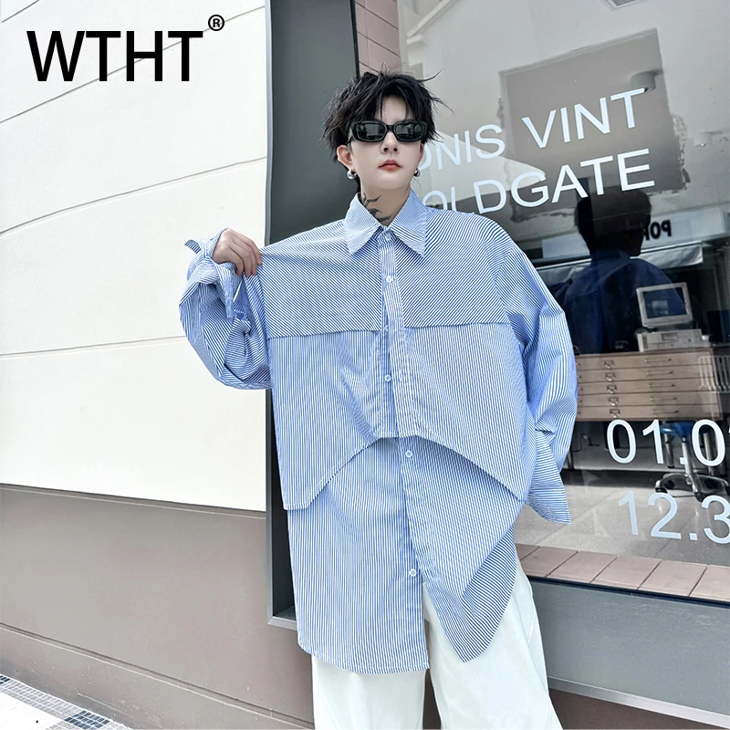 

WTHT Fashion Men's Striped Spliced Fake Two-pieve Shirts Trendy Korean Style Long Sleeves Lapel Tops Male 2025 Autumn 2A1458