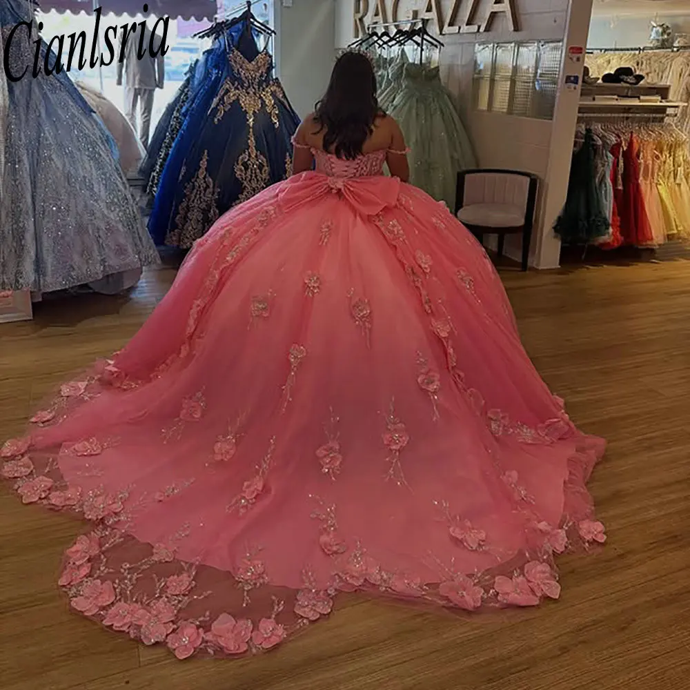 

Pink Beading Crystal Ruffles Bow Quinceanera Dresses Ball Gown 3D Flowers Appliques Lace Sweet 15 Años Mexican Customized