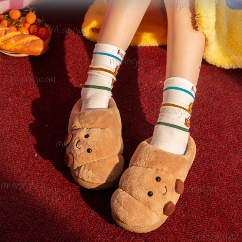 Cute Cartoon Fluffy Slippers For Women Winter Warm House Men Shoes Furry Croissant Bread Style Anti-slip Couples Cotton Slides