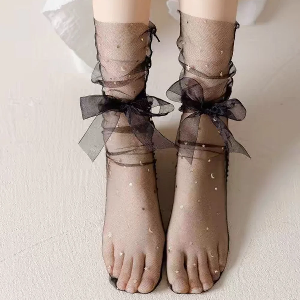 

5Pairs Star Moon Transparent Bow Socks Sweet Mid-calf Tulle Shiny Socks Breathable Female Hosiery Mesh Tube Socks Women Girl
