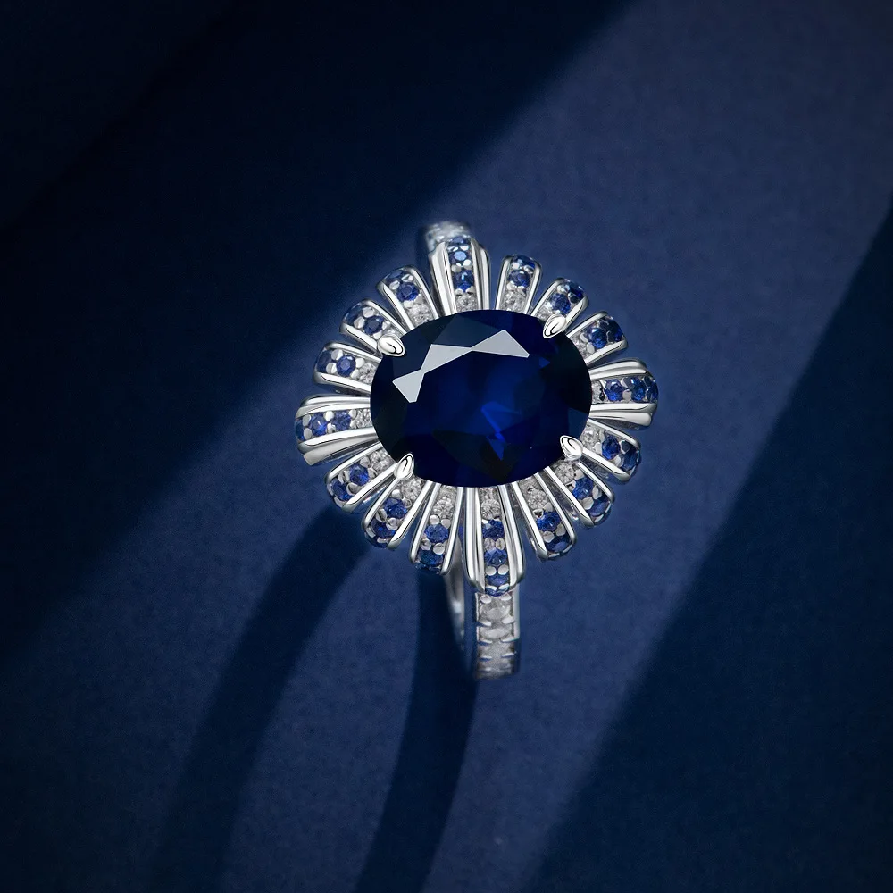 

New S925 silver 4.5ct cultivated sapphire egg shaped 8 * 10 full diamond light luxury niche ring wedding jewelry