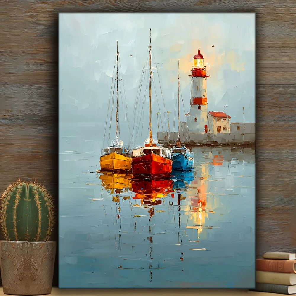 Vintage Sailing Boats on Calm Waters Seascape Painting - Coastal Nautical Art with Lighthouse & Boats in Backdrop, No Framed Wal
