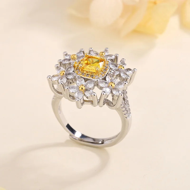 

925 Silver Yellow Moissanite Camellia Ring, Adjustable Light Luxury Floral Band for Women Elegant Stackable Jewelry Gift