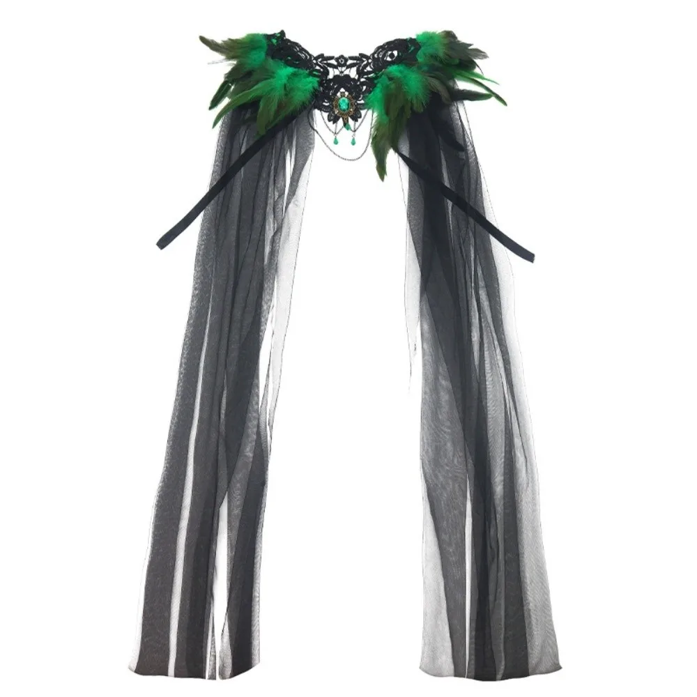 Black Halloween Feather Cloak Fur Collar Elegant Hollow Lace Mesh Cape Flowing Mesh Fringe Festival Costume Cape