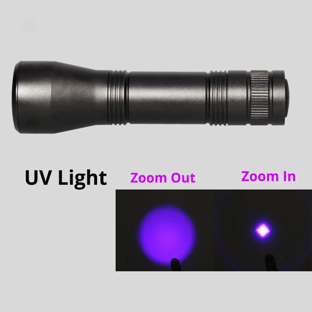 LED UV Flashlight UV Light Torch Zoomable 395nm Ultra Violet Light Black Light Camping Bed Bug Detection Urine Stain Lantern