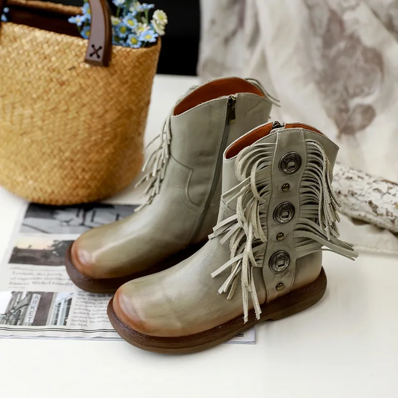 Birkuir ريترو النساء حذاء من الجلد البريدي أحذية بوت قصيرة 3 سنتيمتر كعب سميك شرابة أحذية منصة جلد طبيعي تصميم معدني أحذية كاجوال #1