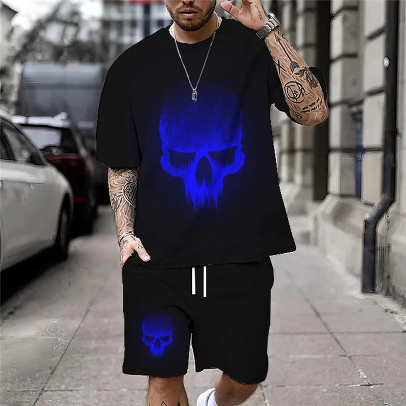 Vintage Skull Print 2Pcs 3D Sets Men T-shirt +Shorts 2pcs set New O-neck Streetwear Fashion Sweatshirt Casual Two Piece Set