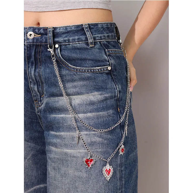 Gothic punk Hip-hop Red Oil dripping Metallic Heart Pendant Silver Color Multi-layered Pants Chain