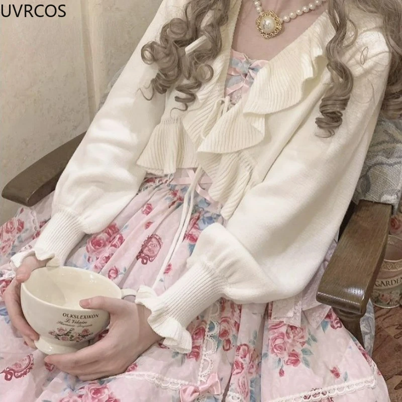 Jesienna Kawaii dla dziewcząt Lolita sweter dziergany słodkie falbany z okrągłym dekoltem sweter z rękawami kloszowymi Top kobiety elegancja bandaż