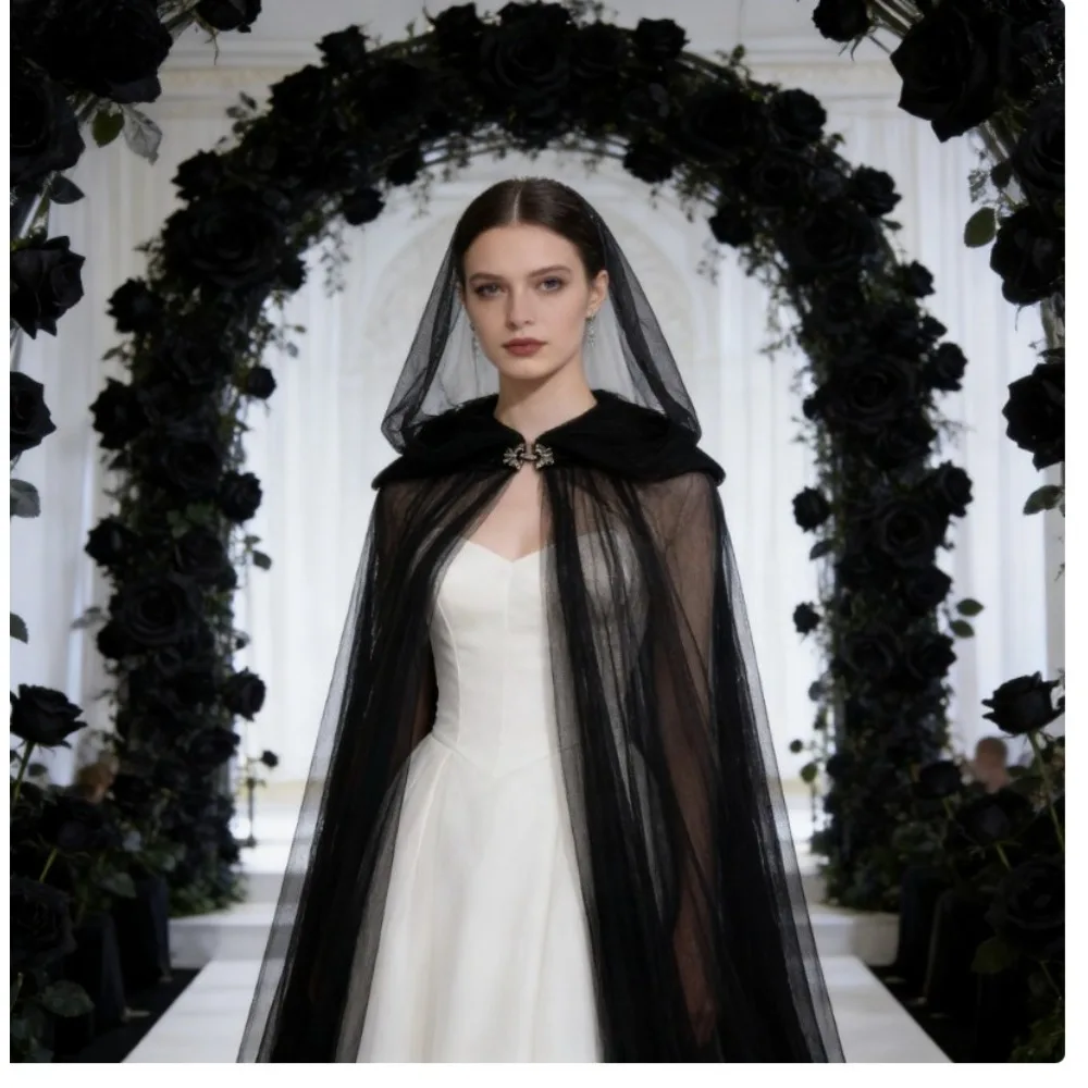 Halloween Vampire Bride Cape Hooded Mesh Cloak Black Red White Womens Costume