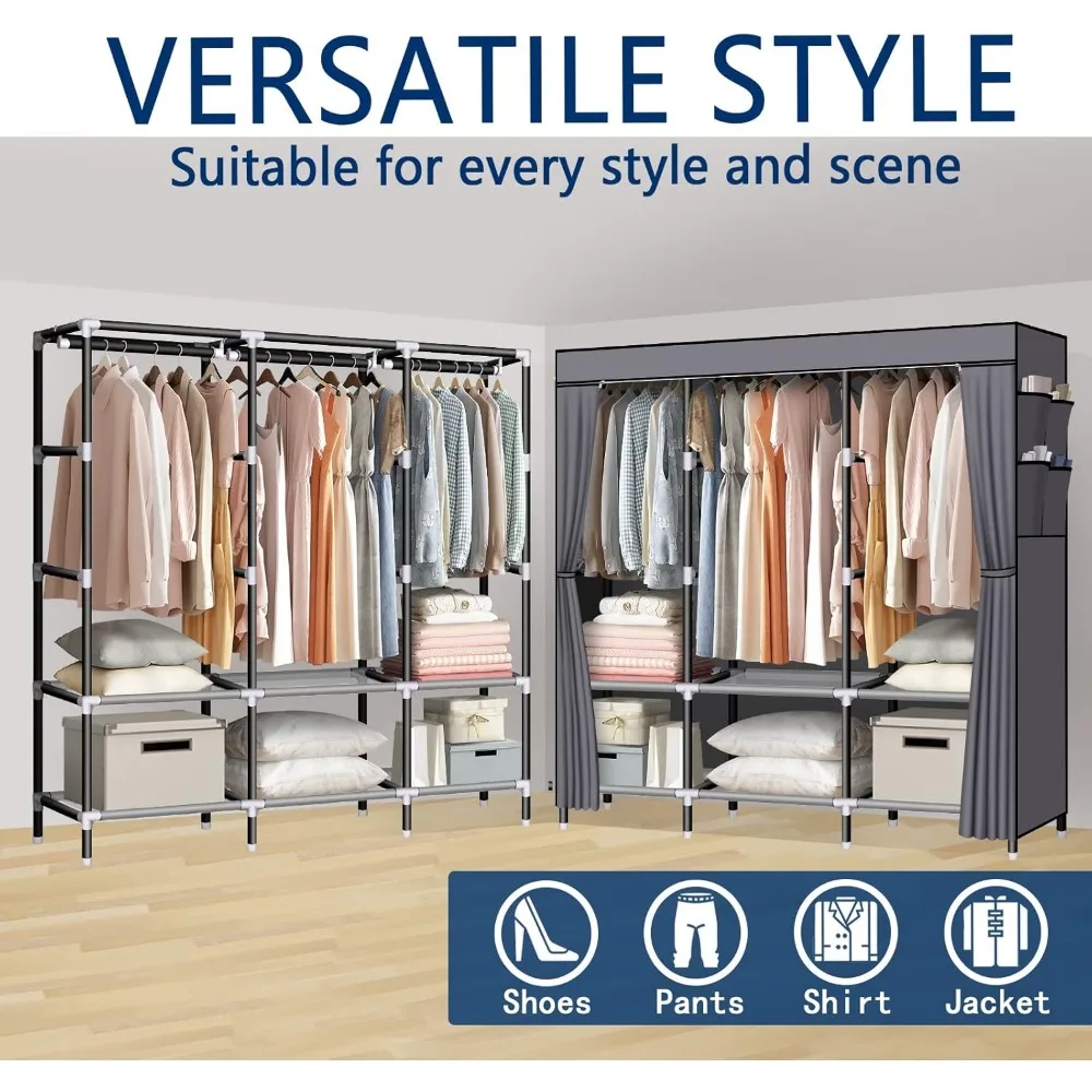 61 Armadio portatile con 3 barre sospese e 6 ripiani, tessuto non tessuto, montaggio robusto e semplice