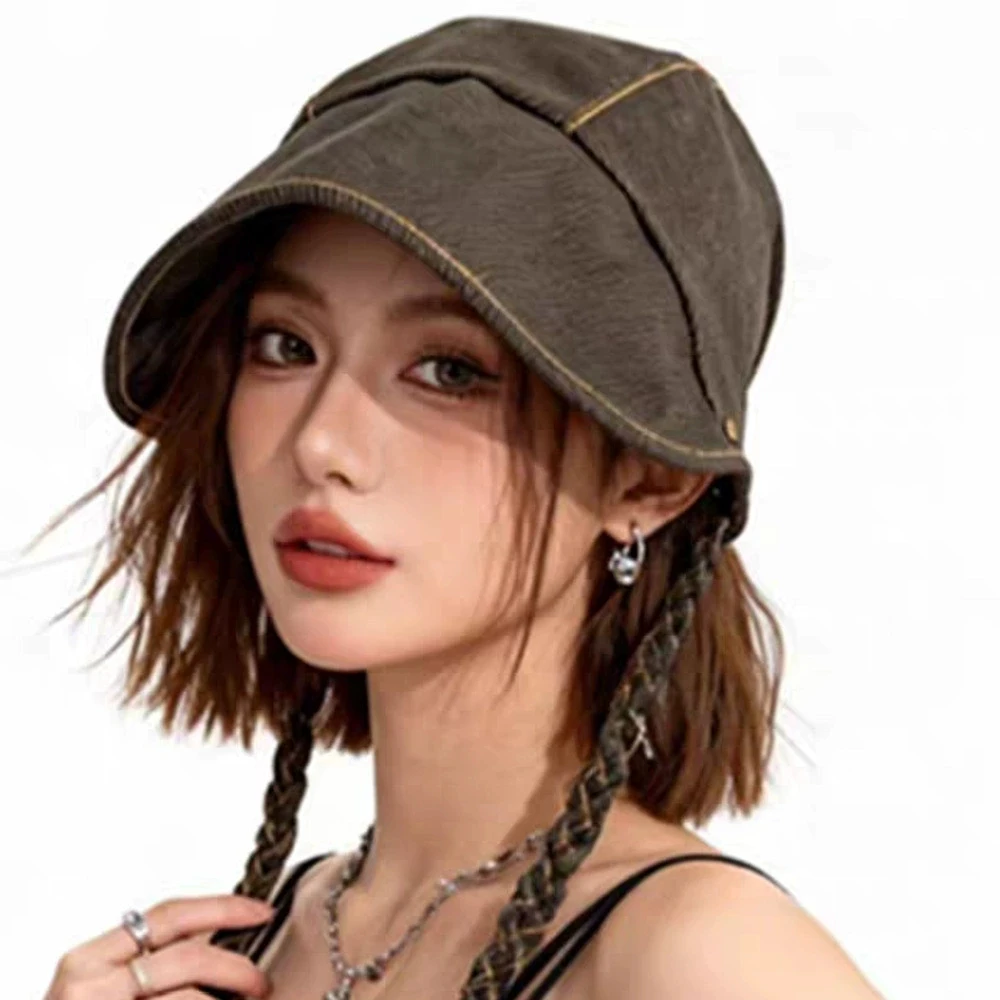 Vintage Personality Fisherman Hat with Braid Fashion Canvas Bucket Hat Retro Sun Cap with Strap