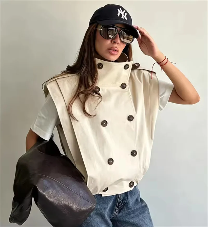 Guobioziy 2026 Women's Jacket Fall/Winter New Khaki Sleeveless Stand Collar Pleated Loose Vest Personality Fashion Versatile
