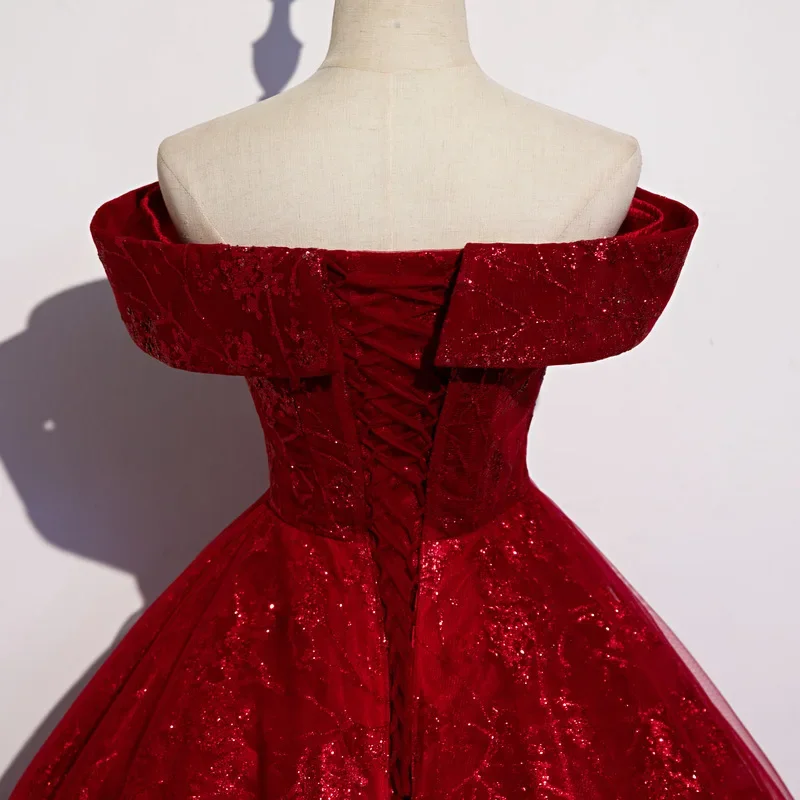 Nuevo vestido de noche largo y elegante con un solo hombro para azafata y examen de arte, vestido de tul rojo para mujer