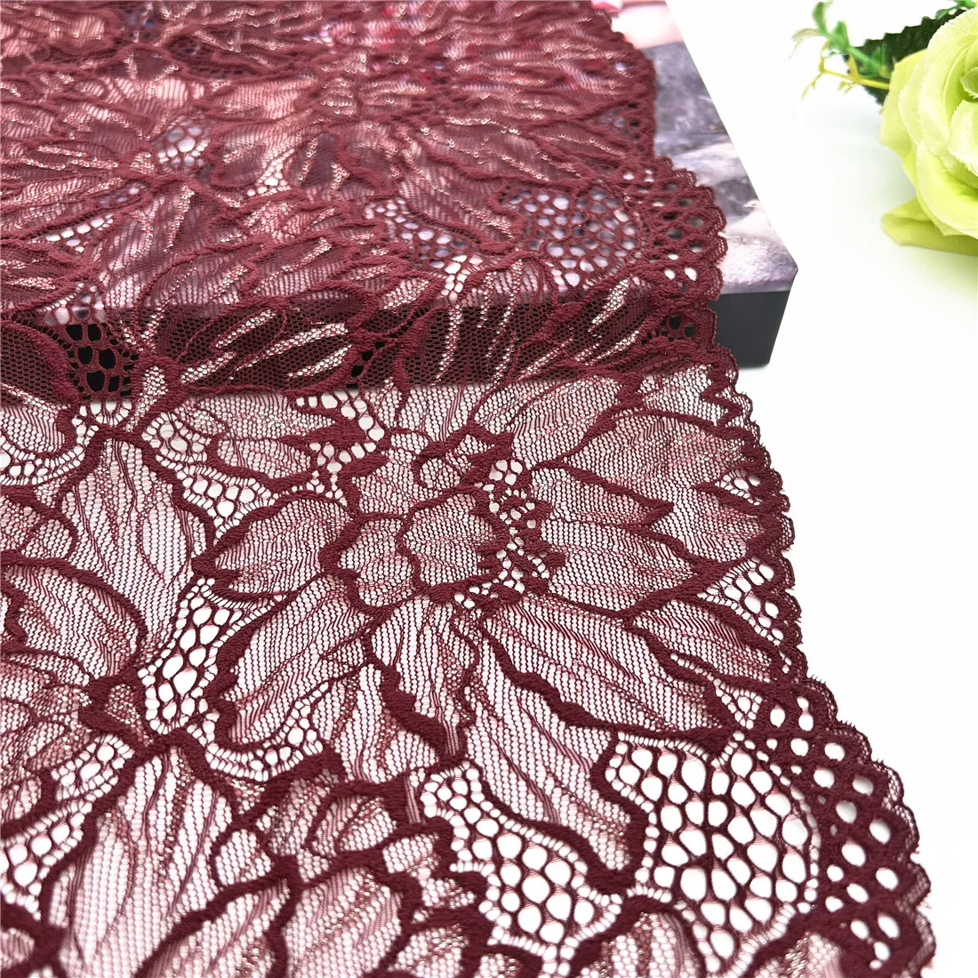 3y/lot Width 23cm Burgundy Silver Elastic Stretch Lace Trim Red Lingerie Sewing Craft DIY Apparel Fabric Lace Dress Accessory