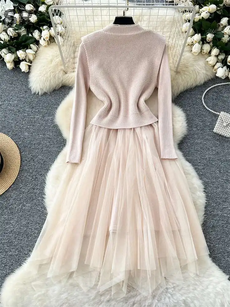 

BabYoung Gentle Knit 2Pcs Suits Winter Woman Button Design 3D Flower Vest+Elastic Waist Mesh Spliced Dress Autumn Senior Ets