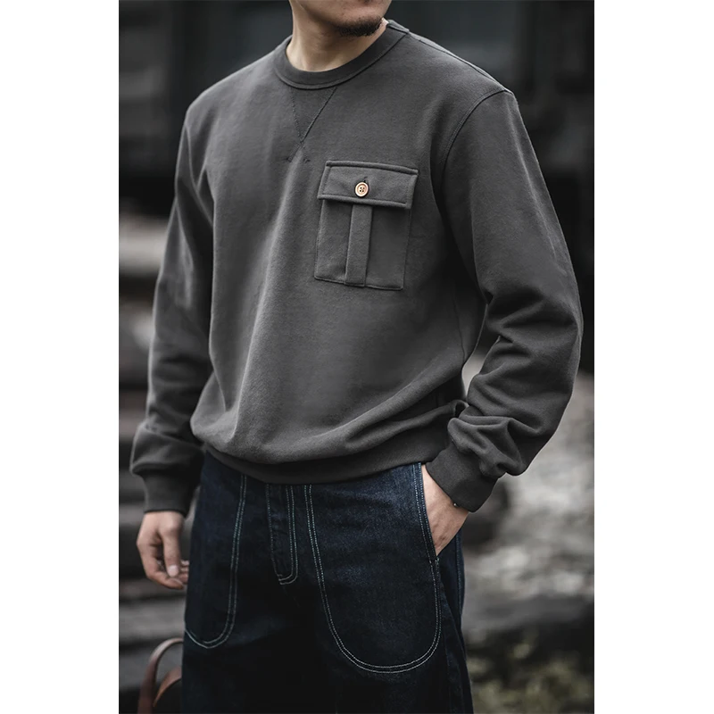 Heavy Sweatshirt Hoodie Men Winter Vintage Amekaji Thick Round Neck Long Sleeve Sweatshirt Solid Color Casual Pullover Tops