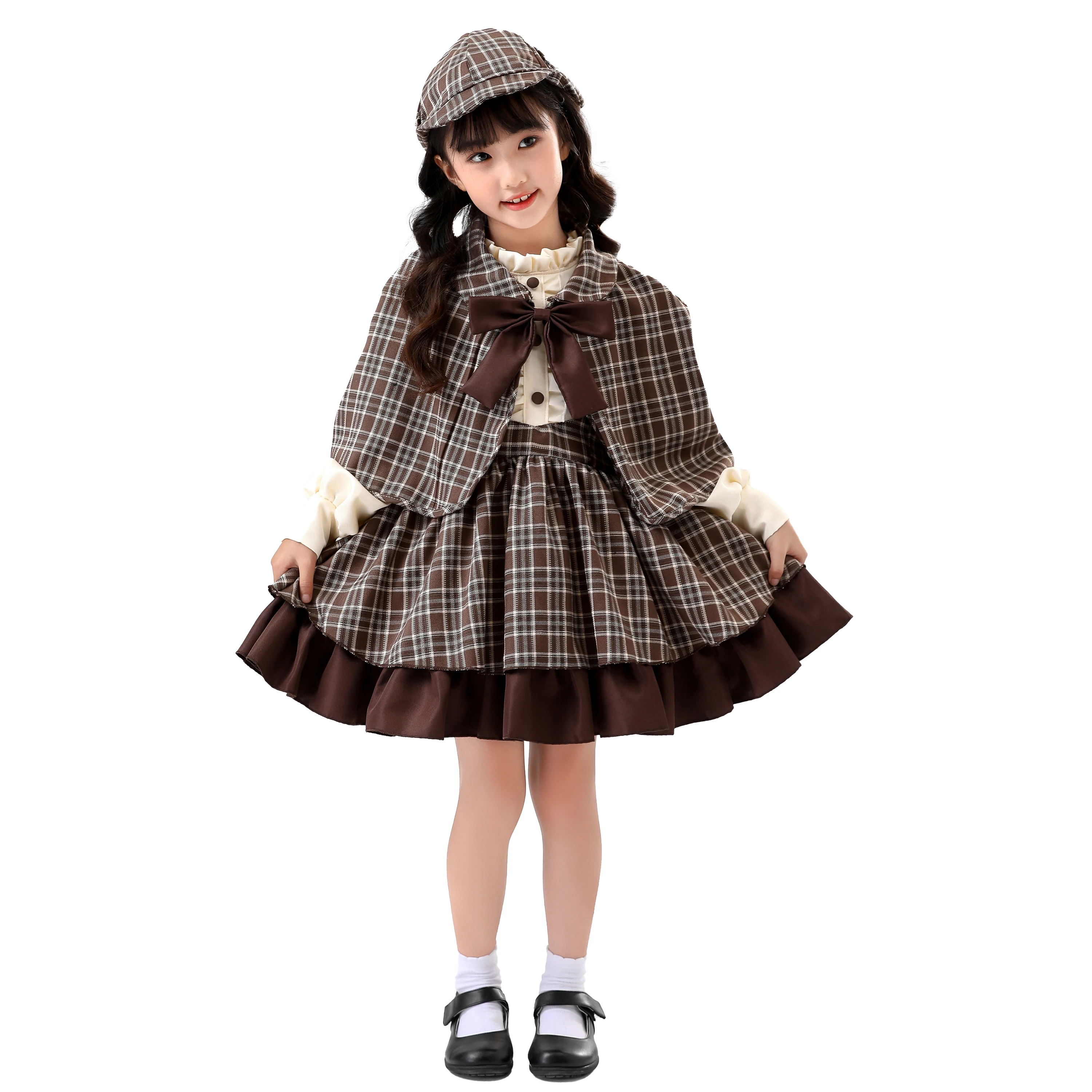 Detetive Sherlock fantasia de cosplay feminina, vestido manga comprida, gola alta, manga comprida, vestido de Halloween, jogo, estilo britânico, adulto e criança