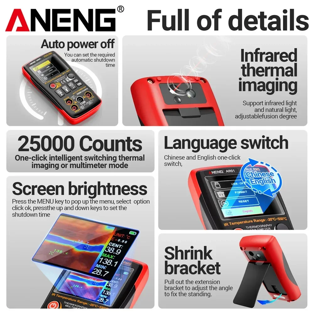 Thermal Imaging Multimeter  ANENG AR01 2 in 1 infrared Thermometer Electrical Tester AC/DC Voltage Current Thermal Imager Tools