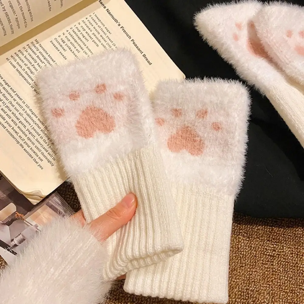 Cute Cat Paw Half Finger Gloves Soft Fingerless Gloves Warm Thicken Knitted Gloves Winter