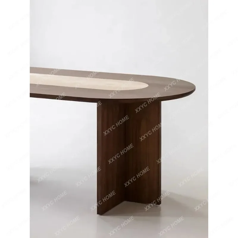 XXantique solid wood oval retro  walnut color marble travertine home bed and breakfast dining table