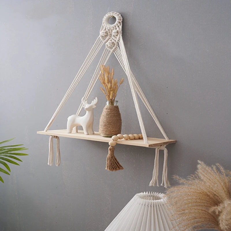 

2PCS Hanging Shelf Boho Handmade Bohemian Wooden Plants Floating Rope Shelves Decorative Holder