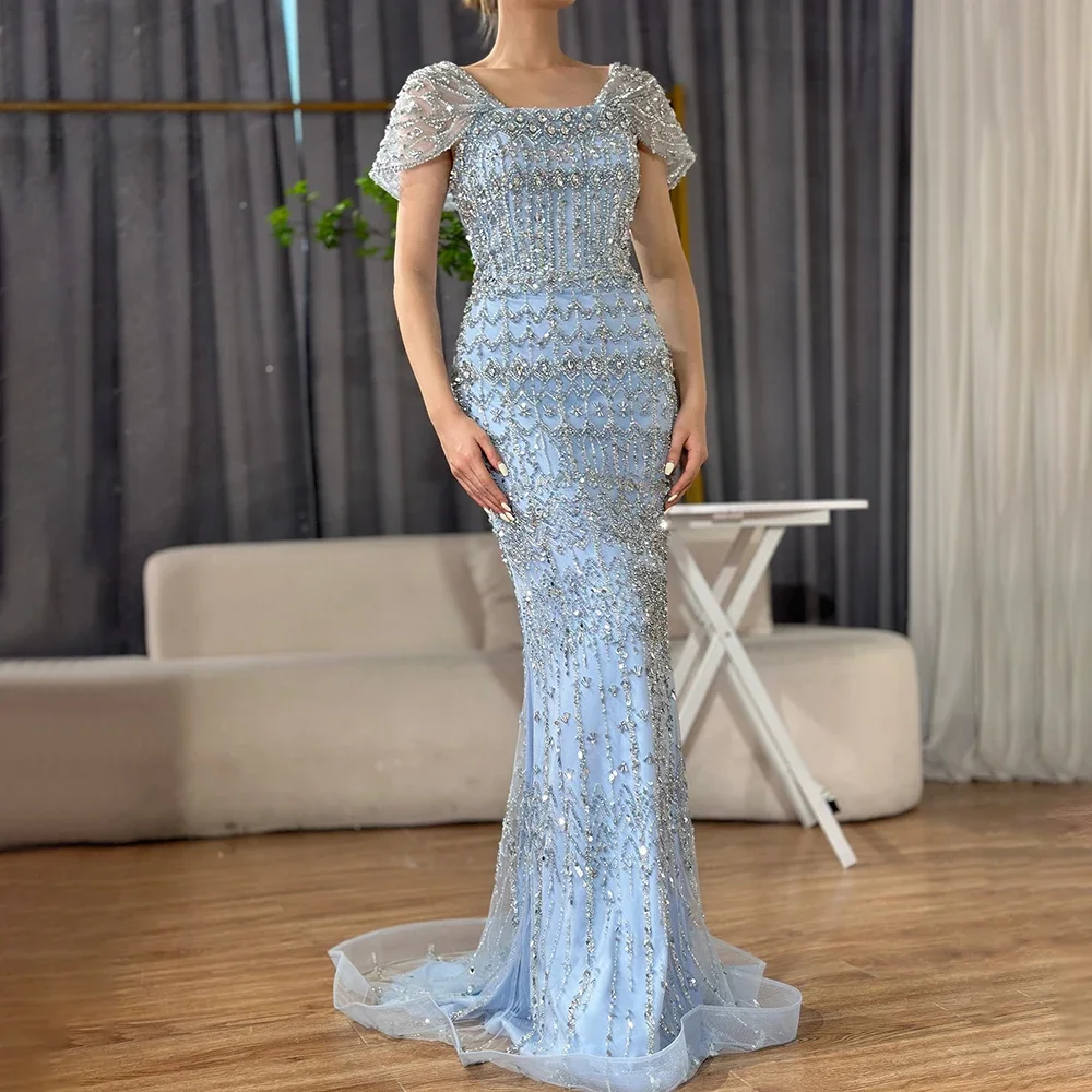 Serene Hill 2025 Arabic Blue Mermaid Elegant Short Sleeves Beaded Long Evening Dresses Gowns Formal Occasion Customize BLA72714