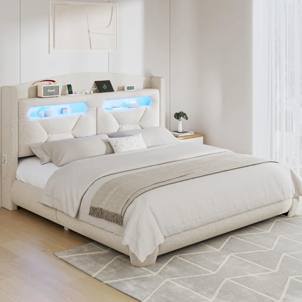 إطار سرير بحجم كوين مع لوح رأسي، إطارات سرير بمنصة منجدة مع أضواء LED لمحطة شحن التخزين، سميكة ناعمة