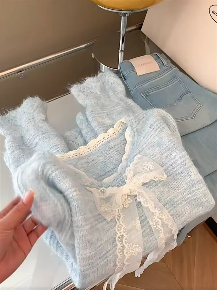 

Blue Lace Knot V-ne Sweater Women's Winter New Sle Loose Knitted Top Self-retaining Recommended Comfortable Fit