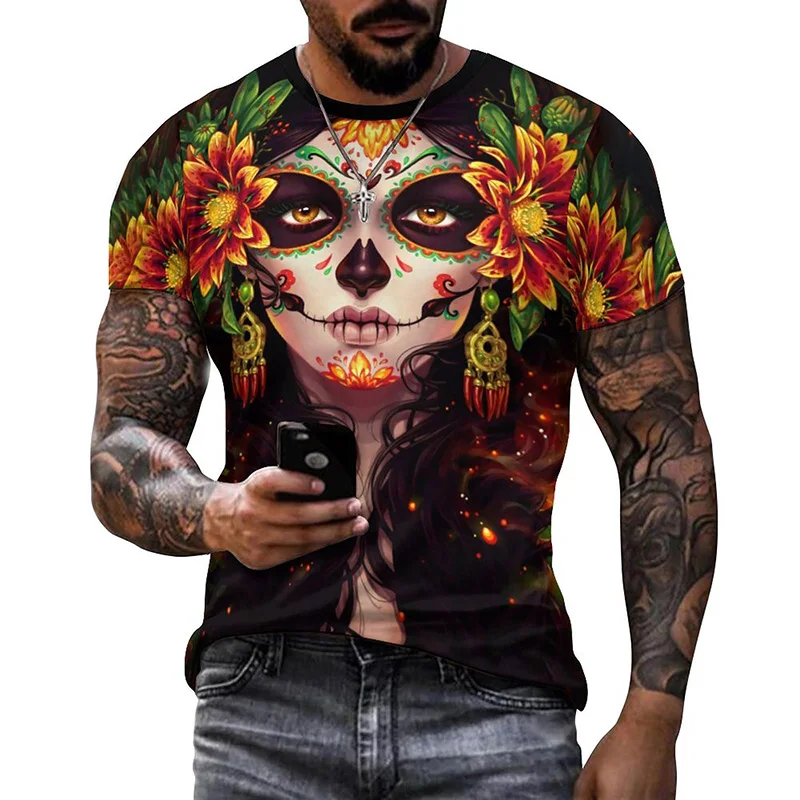 Summer Women 3D Pattern Skull T-shirt Halloween T Shirt Mexican Day Of The Dead Tee Horror Style For Men Festival Attire Gift