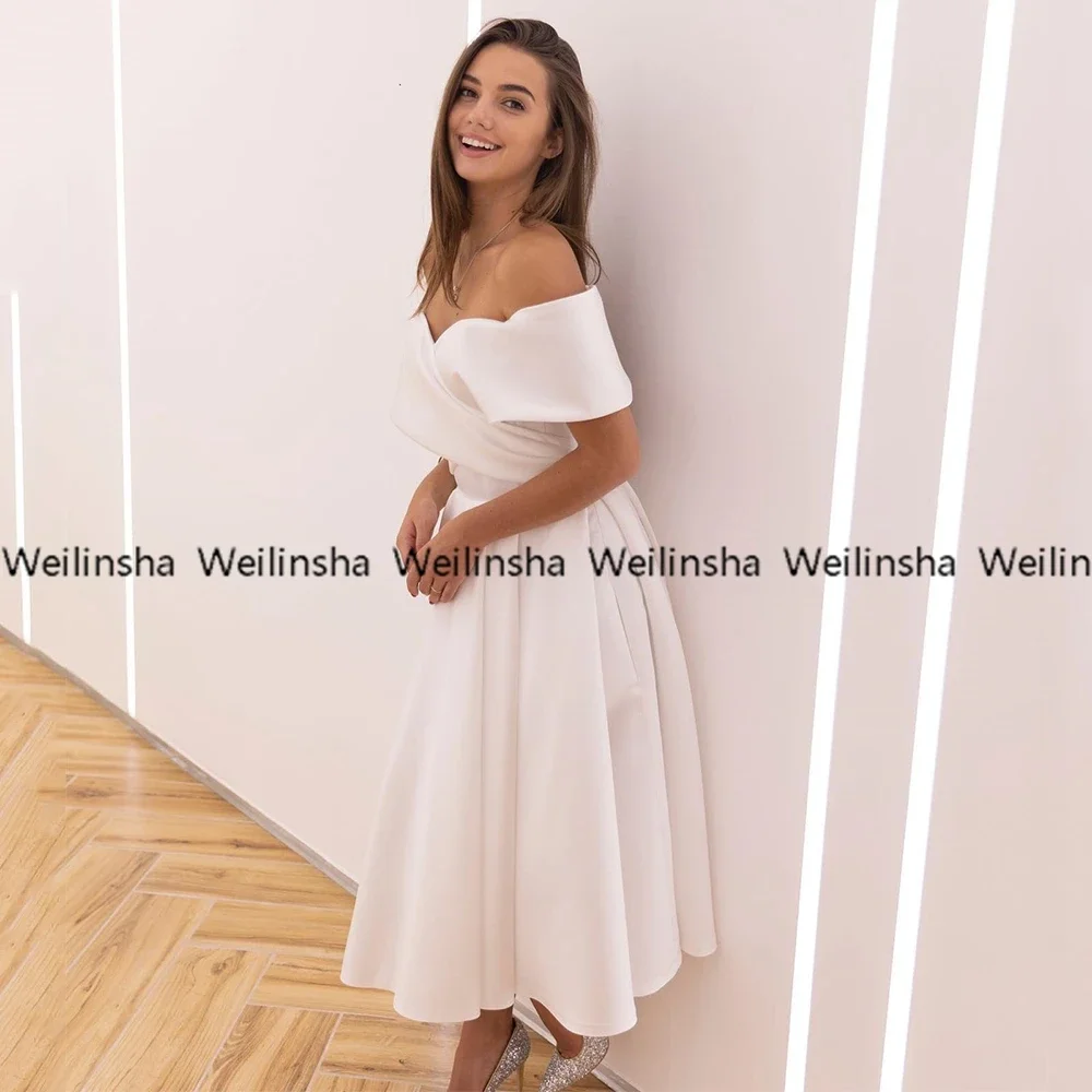 Simple Off The Shoulder White Wedding Dresses Customized 2026 A Line High Quality Satin Bridal Gowns for Marriage Midi Length