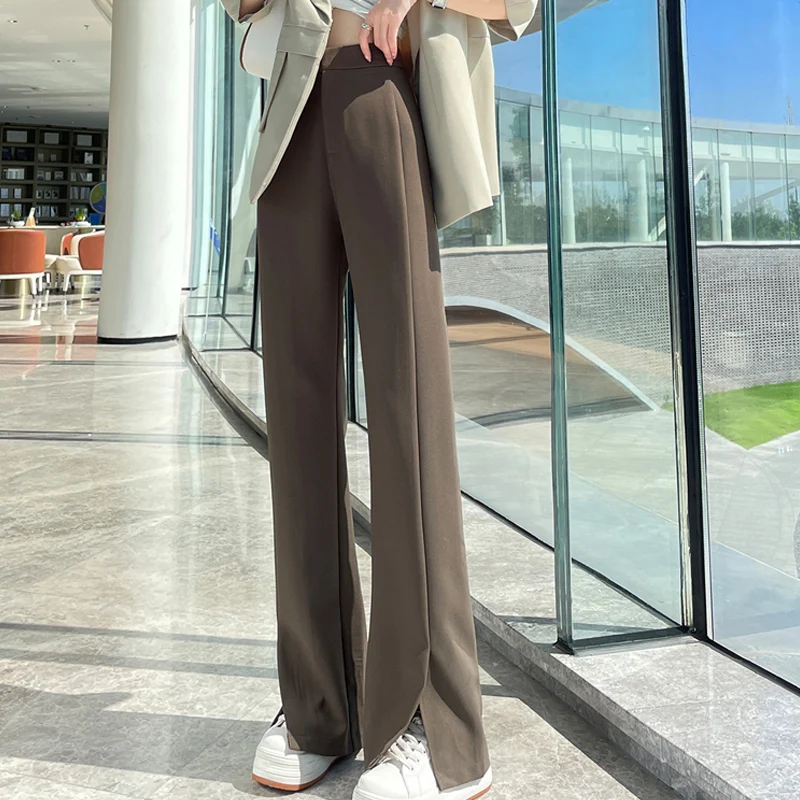 

Slit Suit Pants Women Loose Straight Wide Leg Basics Solid High Waist Zipper Streetwear Design Slimmer Flare Pants