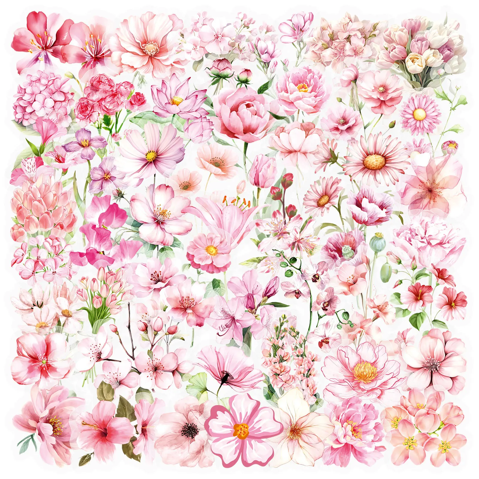 50Pcs Transparent Flower Stickers for Scrapbooking PET Nature Plant Stickers Floral Stickers Vintage Craft Clear Flower Decals